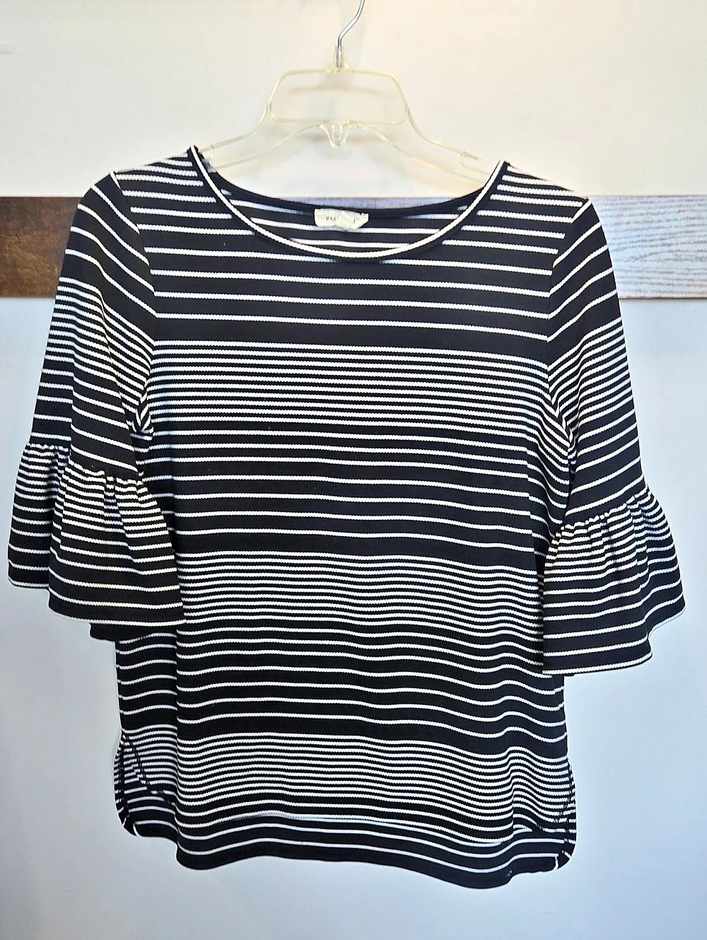 Max Studio Striped Pique Bell Sleeve Top Black & White Medium